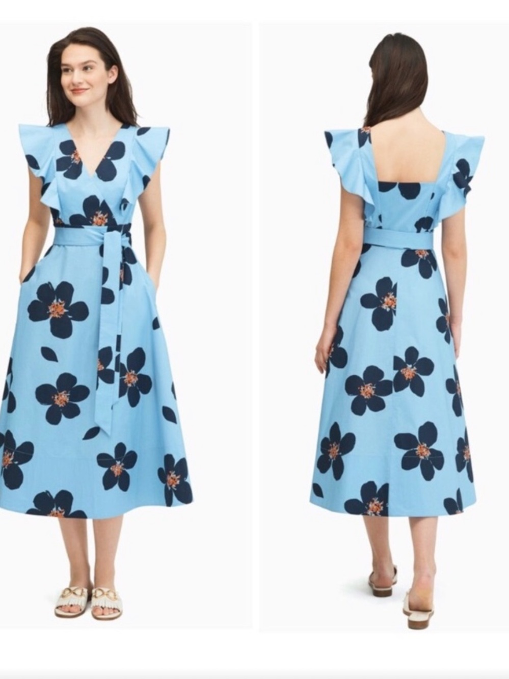 kate spade Light Blue Floral Ruffle-Sleeve Midi Dress